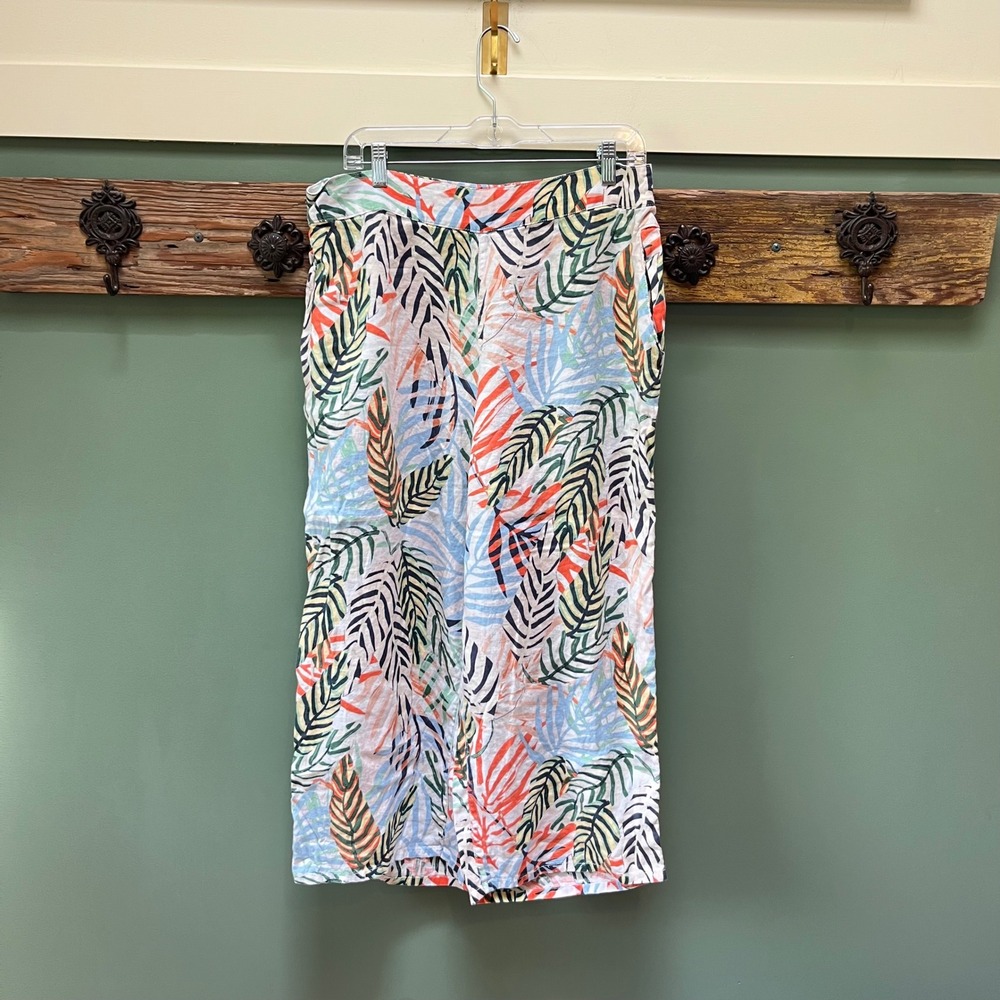 Tahari Womens‎ 1X Linen Wide Leg Tropical Palm Leaf Print Pants Multi-Color